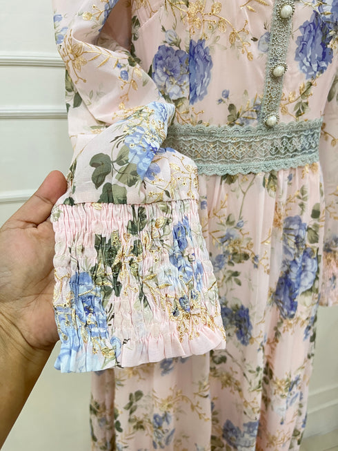 Floral Print Lacey Border Elegant Square Neck Long Sleeves Sundress